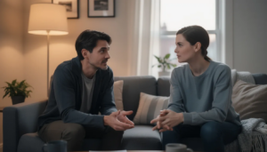 The image depicts two individuals seated on a living room couch, engaged in a serious yet calm conversation, suggesting a supportive dialogue about mental health and addiction. This moment reflects the importance of open communication in seeking treatment options for substance use disorders and the recovery journey.