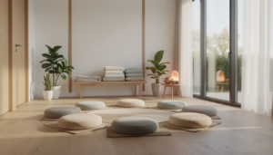 Serene meditation room at a luxury treatment center for codependency and mental health recovery