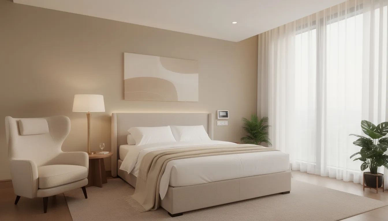 The image depicts a comfortable recovery room with large windows allowing ample natural light, creating a supportive environment for individuals on their addiction recovery journey at luxury rehabs Las Vegas. This space is designed to facilitate the healing process, offering a safe and tranquil atmosphere for patients undergoing treatment for co-occurring disorders and withdrawal symptoms.