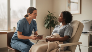 A compassionate medical professional is checking in with a patient in a comfortable luxury addiction treatment center clinical setting, emphasizing the importance of acute rehabilitation and the medical detoxification process. This scene reflects the supportive environment of acute rehab, where addiction treatment providers work together to help patients regain independence after drug or alcohol addiction or suffering from mental health disorders.