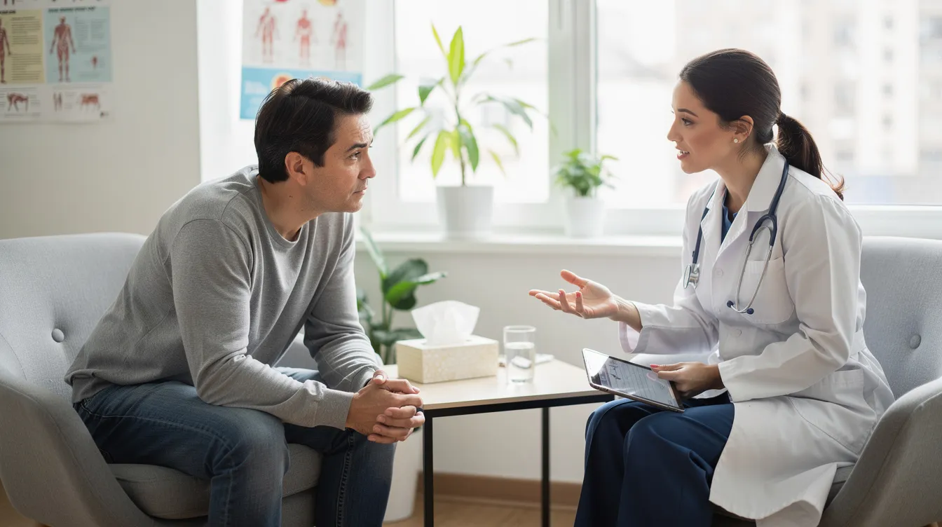 The image depicts a person engaged in a supportive conversation with a healthcare professional, discussing topics related to mental health and the management of anxiety disorders, including the potential effects of benzodiazepine medications like diazepam. The healthcare provider is attentively listening, emphasizing the importance of addressing withdrawal symptoms and physical dependence associated with prescribed benzodiazepines.
