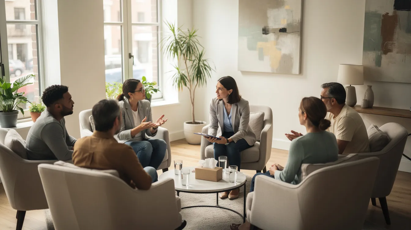 The image depicts a supportive group therapy session taking place in a comfortable clinical setting, where participants are engaged in sharing their experiences related to anxiety disorders and the challenges of benzodiazepine dependence. The atmosphere is warm and inviting, fostering open discussions about withdrawal symptoms and mental health management.