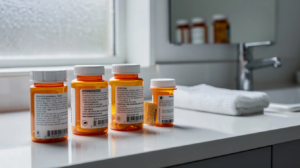 The image shows a variety of medication bottles neatly arranged on a bathroom counter, including antidepressant medications like trazodone, which is often used to treat anxiety disorders and sleep disturbances. These prescription drugs are essential for managing mental health and can aid in achieving quality sleep and anxiety relief.