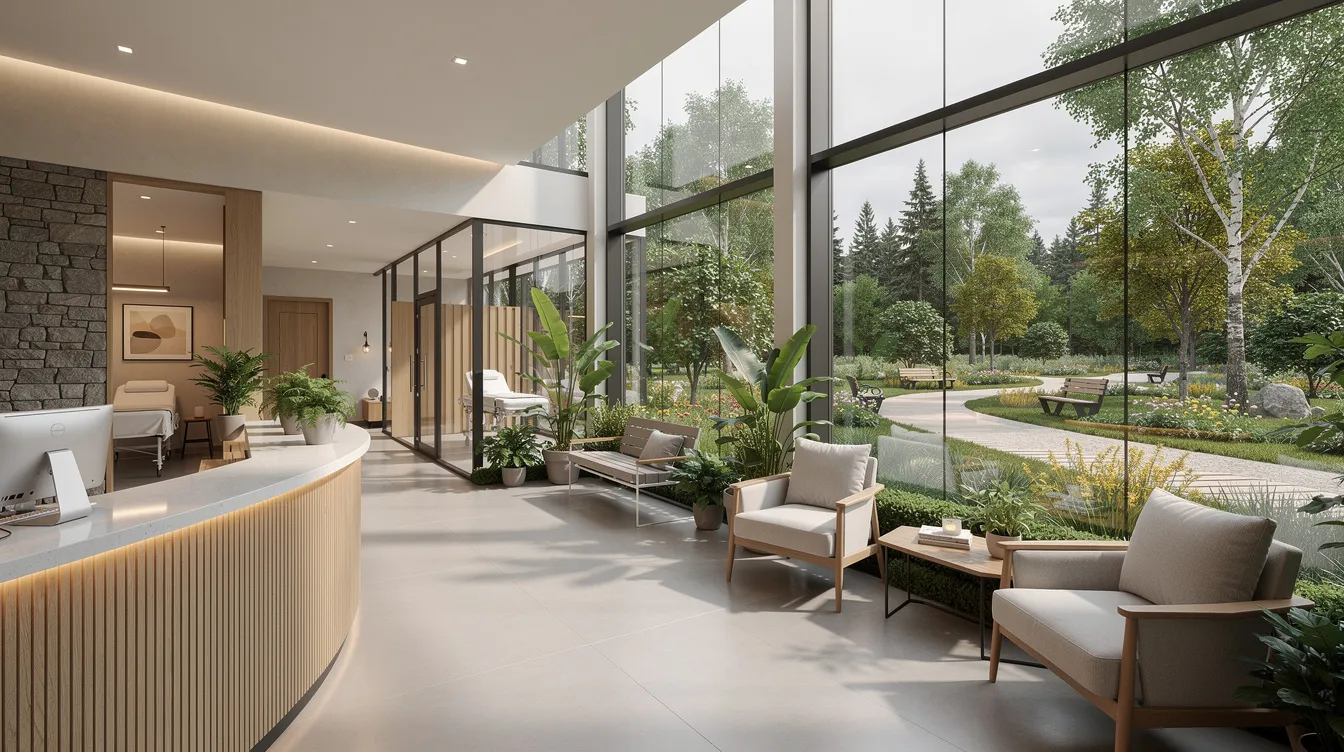 The image depicts a modern and comfortable addiction treatment facility nestled in natural surroundings, designed to provide a serene environment for patients undergoing outpatient treatment. This facility emphasizes ongoing care and support, fostering recovery through individual counseling, group therapy, and community resources to help maintain sobriety and continuing care for addiction.