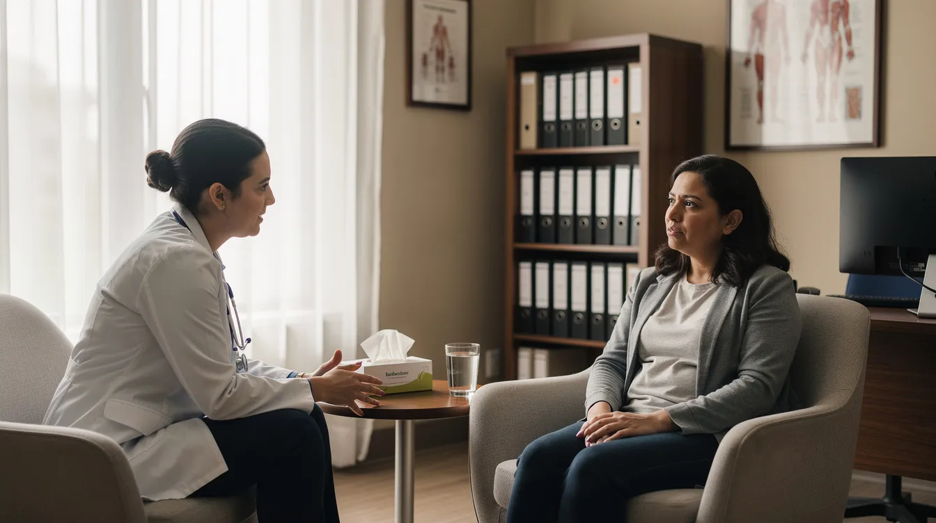 The image depicts a person engaged in a calm and supportive conversation with a healthcare provider in a cozy medical office setting. This interaction highlights the importance of addressing cognitive health concerns, such as memory and cognitive problems, and the potential risks associated with medications like Xanax in older adults.