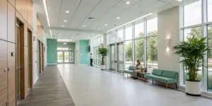 The calm and welcoming lobby of a modern opioid detox center.