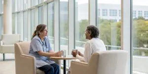 A woman speaks with a mental health professional at an inpatient treatment center.