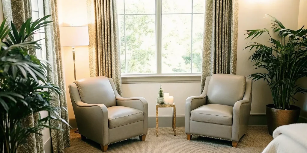 Luxury executive office with warm leather furnishings and natural light representing sophisticated rehabilitation environment