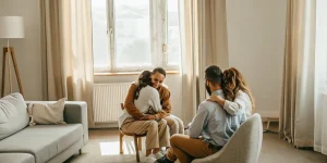 A diverse family sitting with a counselor in a bright therapy room