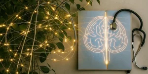 Human brain with glowing neural pathways in gold and blue, representing neurological recovery from addiction