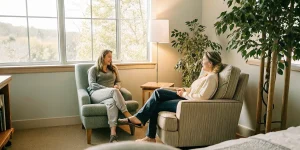 Therapist counseling a young adult in a warm, sunlit Massachusetts treatment room